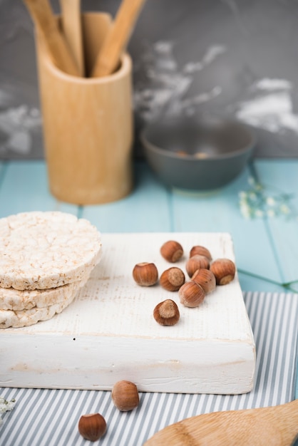 Close-up expanded rice on wooden board