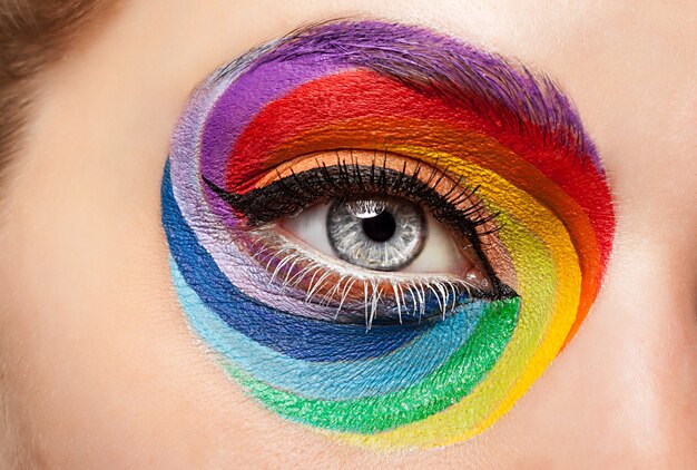 Close up eye with fashion art on stahe make up. Fashion make up and excentric glamour concept. Rainbow make up