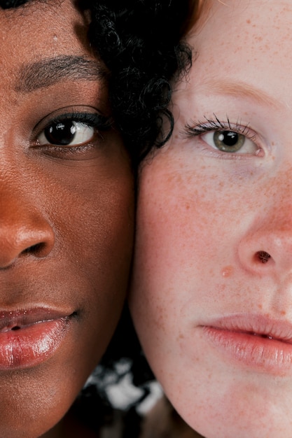 Foto gratuita primo piano del volto di donne dalla pelle chiara e scura