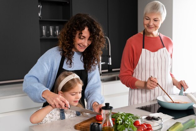 Close up on family enjoying food together