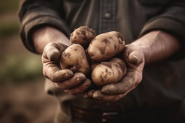 Primo piano agricoltore che tiene in mano alcune patate appena raccolte da terra ai generativo