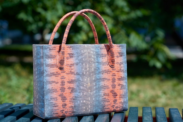 뱀 피부 모방 유행 여자의 가방의 클로즈업은 푸른 공원 벤치에 선다. 가방은 파란색, 분홍색 및 회색 색상으로 만들어졌습니다. 또한 편안한 손잡이가 있습니다.