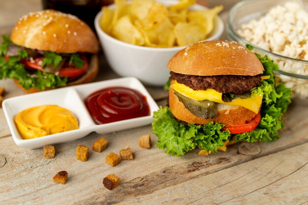 Close-up fast food on wooden background