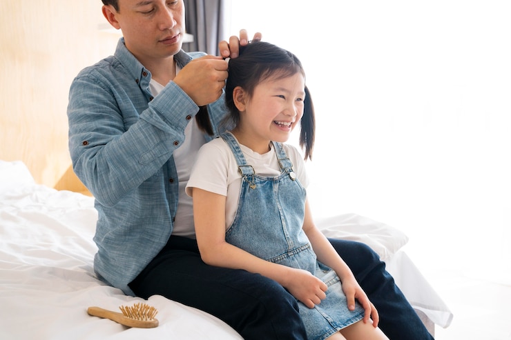 무료 Photo 여자의 머리를 묶는 아버지를 닫습니다