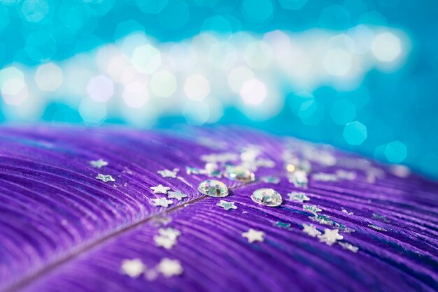 Close up on feather with confetti, sparks and glitter