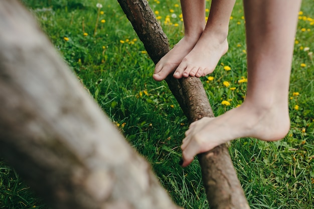 Close-up of feet on wooden ladder