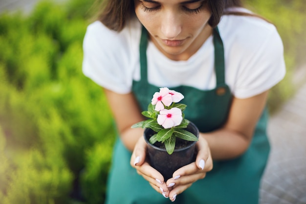 Close-up of female gardener holding a flower in a pot. Care concept.