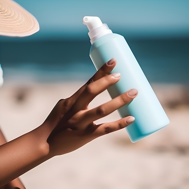 Close up of female hands holding bottle of sunscreen on the beach