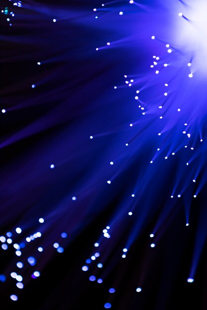 Close-up fiber optics light in dark blue