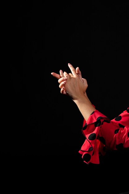 Close-up flamenca holding hands on black background