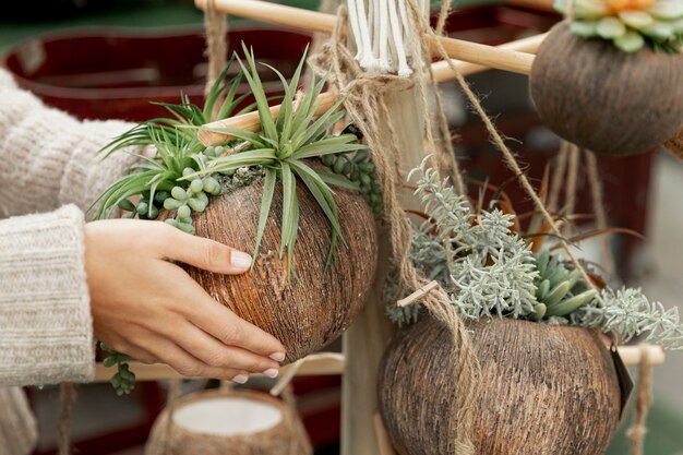 Close-up florist making cute arrangements