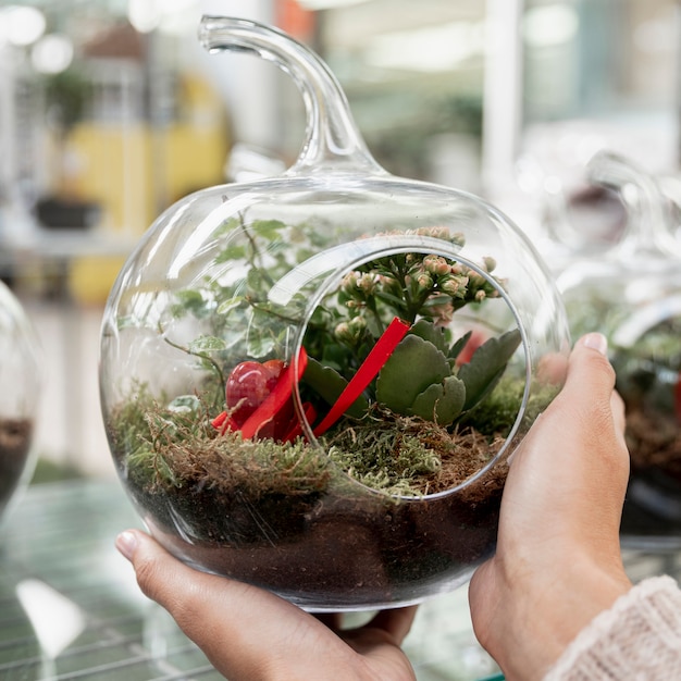 Free photo close-up florist with transparent globe shaped vase