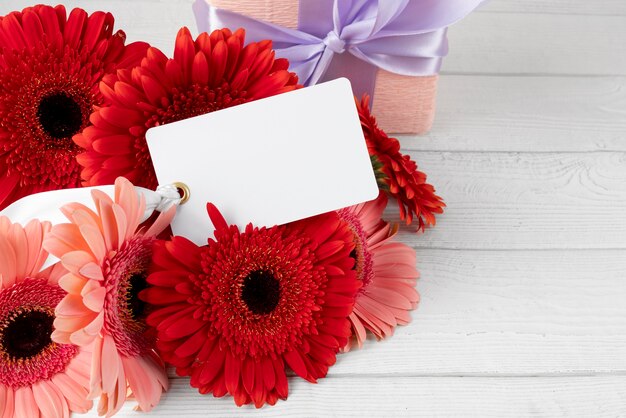 Close-up of flowers bouquet with tag