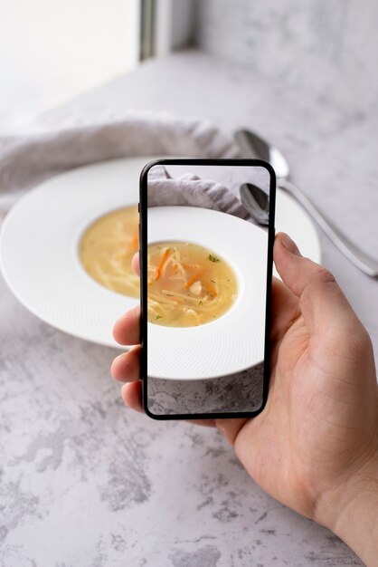 Close up on food lover taking pictures of meal