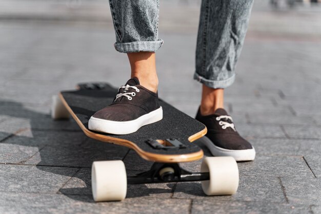 Close up foot on longboard