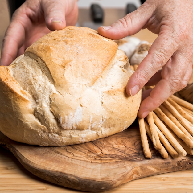 Close-up fresh bread at oven