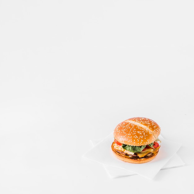 Close-up of fresh burger on tissue paper over white backdrop