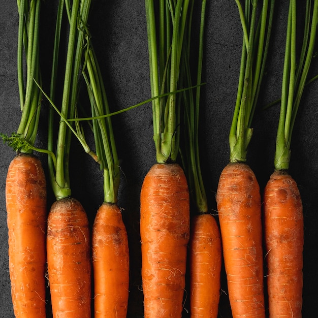 Close-up fresh carrots flat lay
