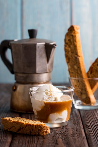 Close-up fresh coffee with cream ready to be served