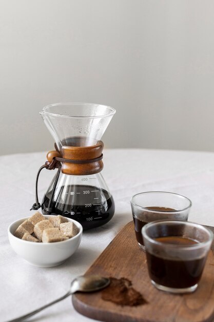 Close-up fresh coffee with sugar ready to be served