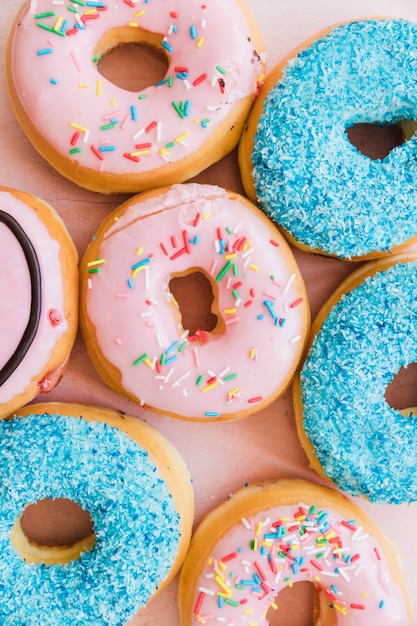 Close-up of fresh colorful donuts