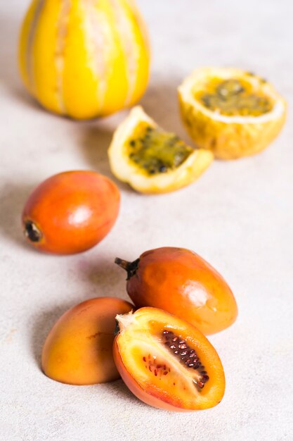 Close-up fresh exotic fruits on the table