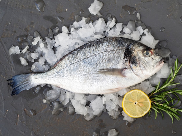 無料写真 レモンとローズマリーのクローズアップの新鮮な魚