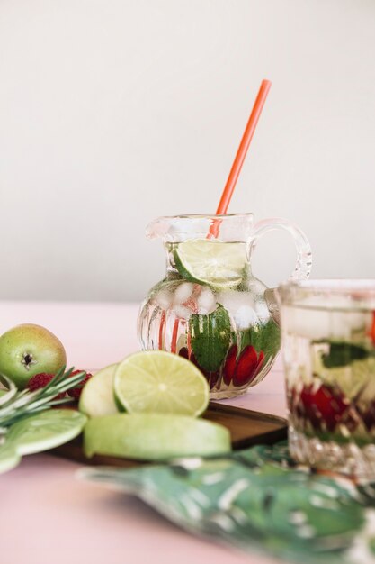 Close-up of fresh healthy fruits and juice