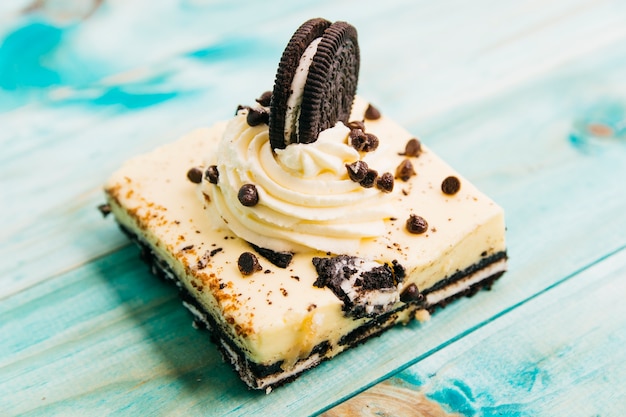 Close-up of fresh pastry on wooden background