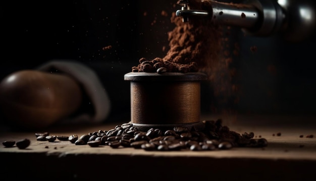 Close up of freshly ground coffee beans in burlap generated by AI