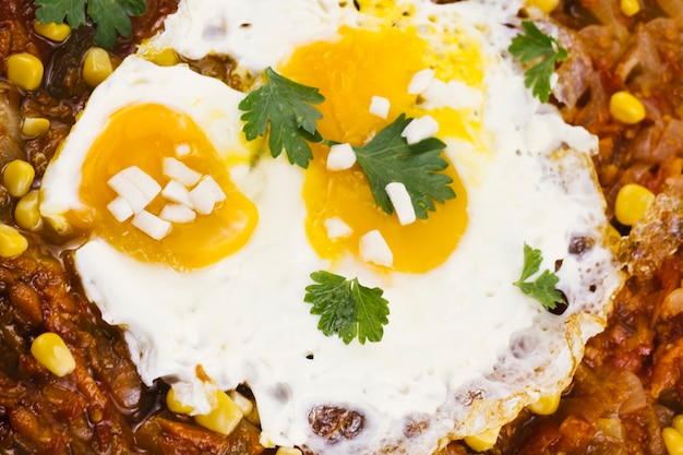 Chiuda sulle uova fritte su alimento messicano