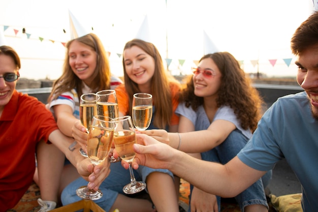 Free photo close up friends clinking glasses