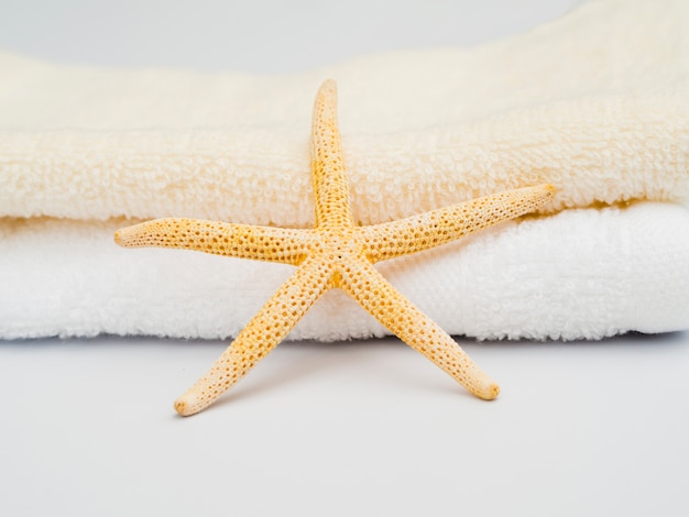 Close up front view seastar on towels