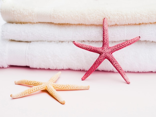 Free photo close up front view seastar on towels