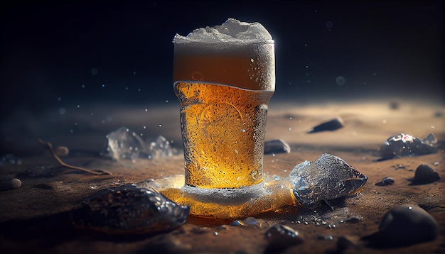 Free photo close up of frothy beer wet glass in dark background generative ai