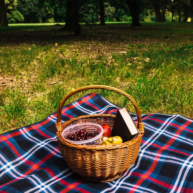 Close-up of fruits and book in the wicker basket on blanket