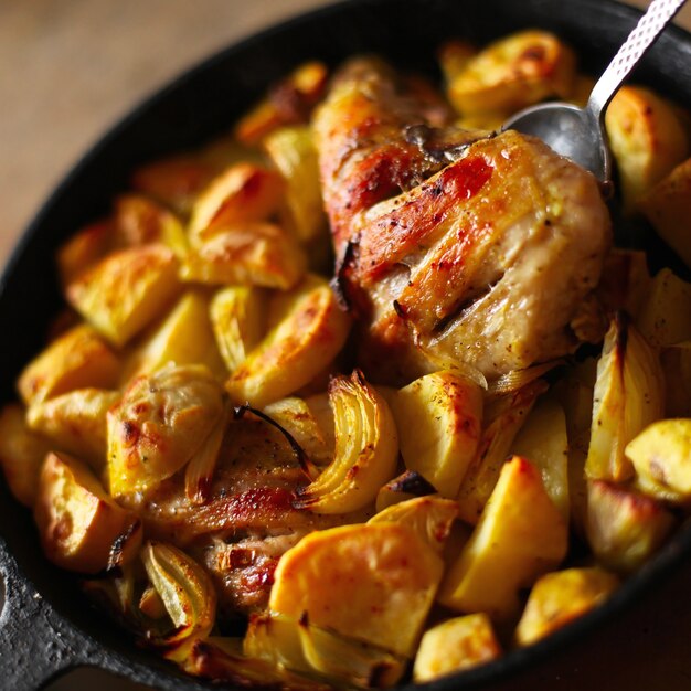 Close-up of frying pan with chicken and vegetables