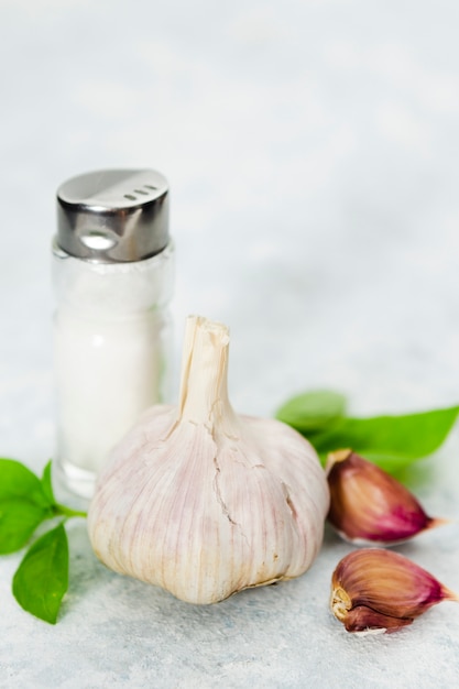 Close-up of garlic and salt