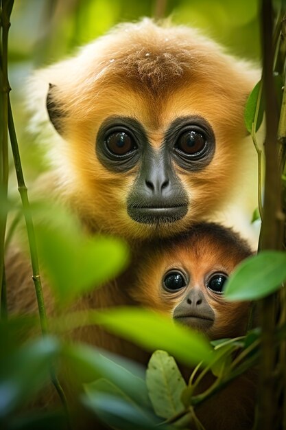 Close up on gibbons in nature