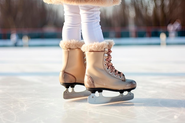 オープン スケート リンクでアイス スケートでスケートをする女の子の接写。