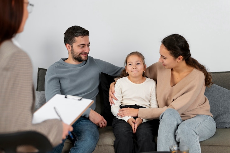 Free Photo close up girl at therapy session with parents
