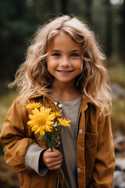 花を持った女の子に近づいて