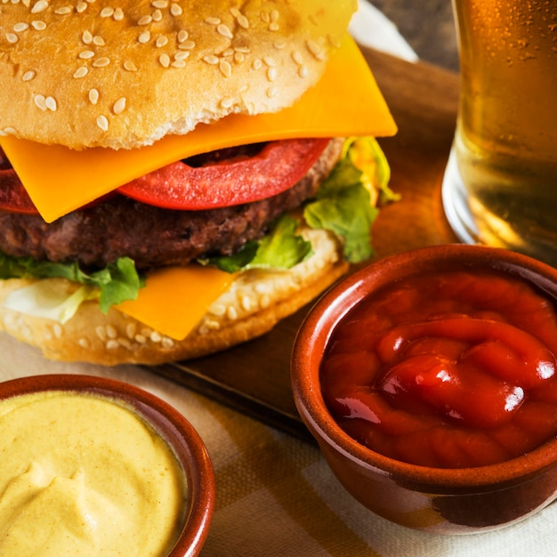 Close-up of glass of beer with cheeseburger and sauce