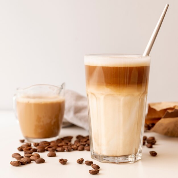 Close-up glass of coffee and milk