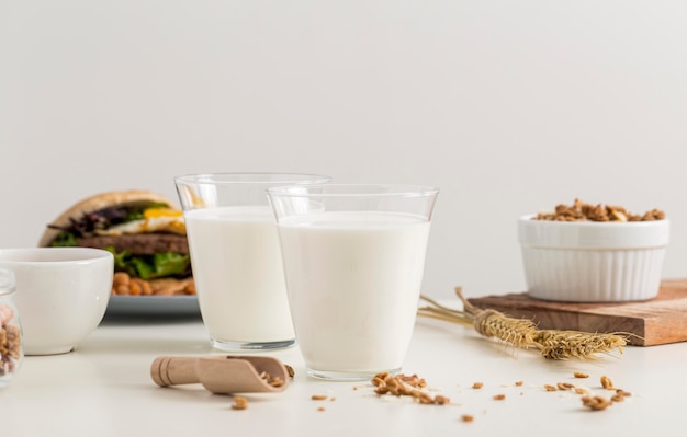 Close-up glasses of milk ready to be served