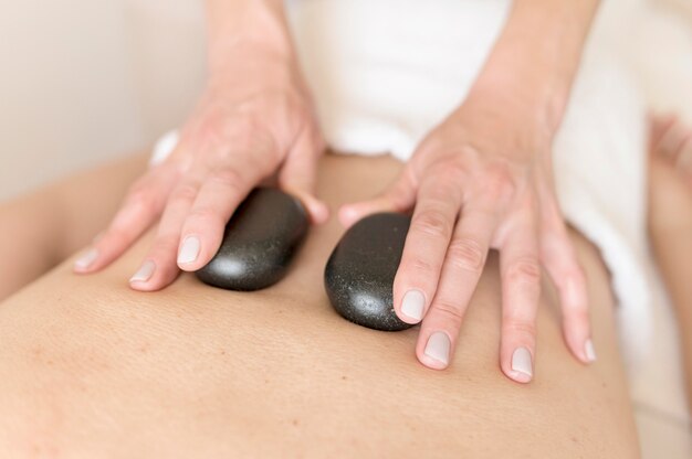 close-up glowing therapy stones