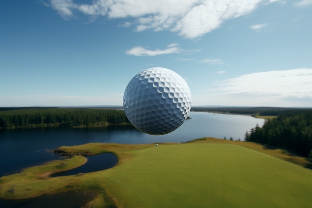 Free photo close up on golf ball in mid air