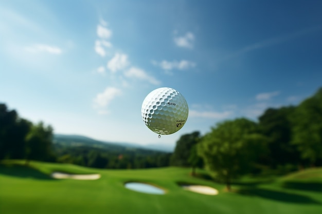 Close up on golf ball in mid air