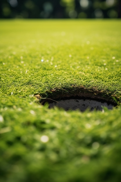 Близкий взгляд на лунку для гольфа на траве