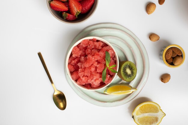 Close up on granita dessert with various ingredients